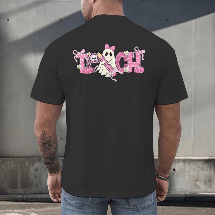 Pink Ghost Teach Halloween Teacher In Spooky Season Men's Back Print T-Shirt, gift for family, gift for coworker Pink Ghost Teach Halloween Teacher In Spooky Season Men's Back Print T-Shirt, gift for family, gift for coworker