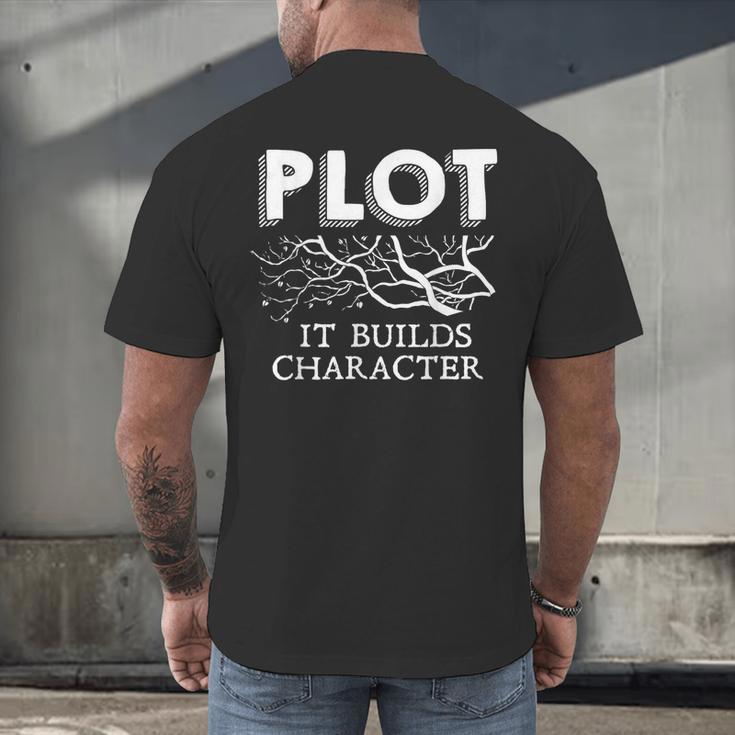 Plot It Builds Character Book Reading Teacher Men's Back Print T-Shirt, gift for family, gift for coworker Plot It Builds Character Book Reading Teacher Men's Back Print T-Shirt, gift for family, gift for coworker