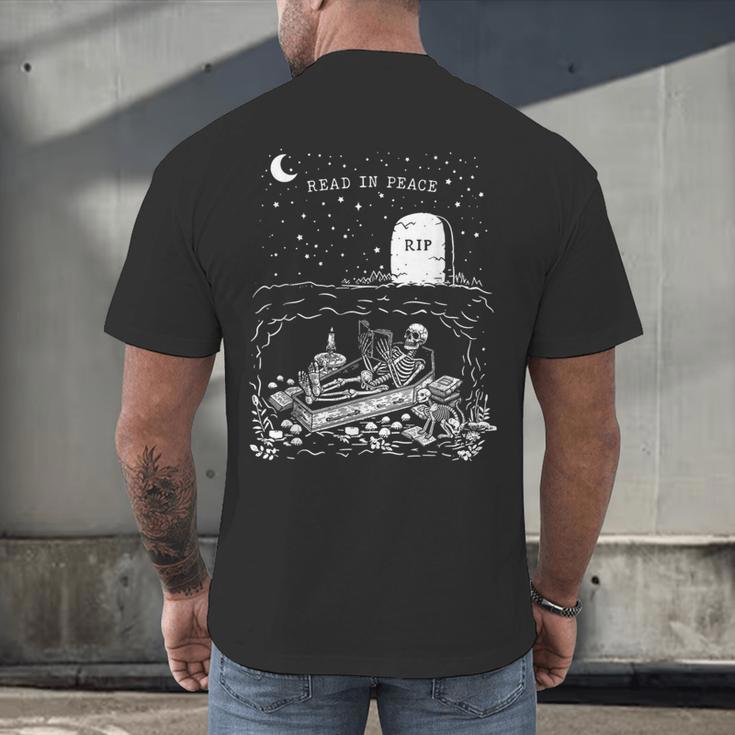 Read In Peace Skeleton Halloween Book Reading Spooky Teacher Men's Back Print T-Shirt, gift for family, gift for coworker