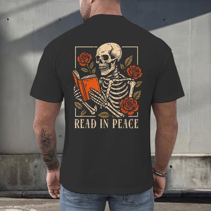 Read In Peace Skeleton Reading Book Halloween Teacher Men's Back Print T-Shirt, gift for family, gift for coworker Read In Peace Skeleton Reading Book Halloween Teacher Men's Back Print T-Shirt, gift for family, gift for coworker