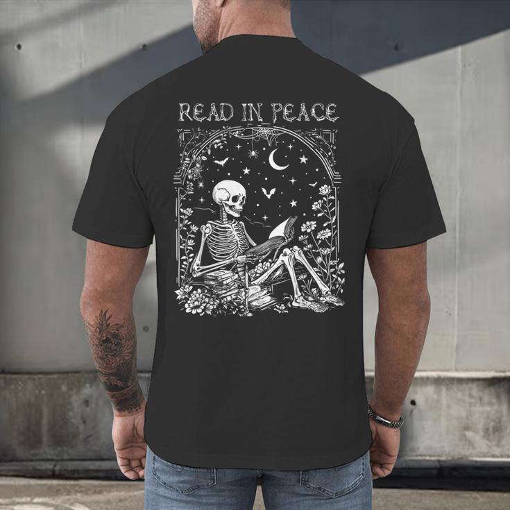 Read In Peace Skeleton Reading Teacher Spooky Halloween Men's Back Print T-Shirt, gift for family, gift for coworker Read In Peace Skeleton Reading Teacher Spooky Halloween Men's Back Print T-Shirt, gift for family, gift for coworker