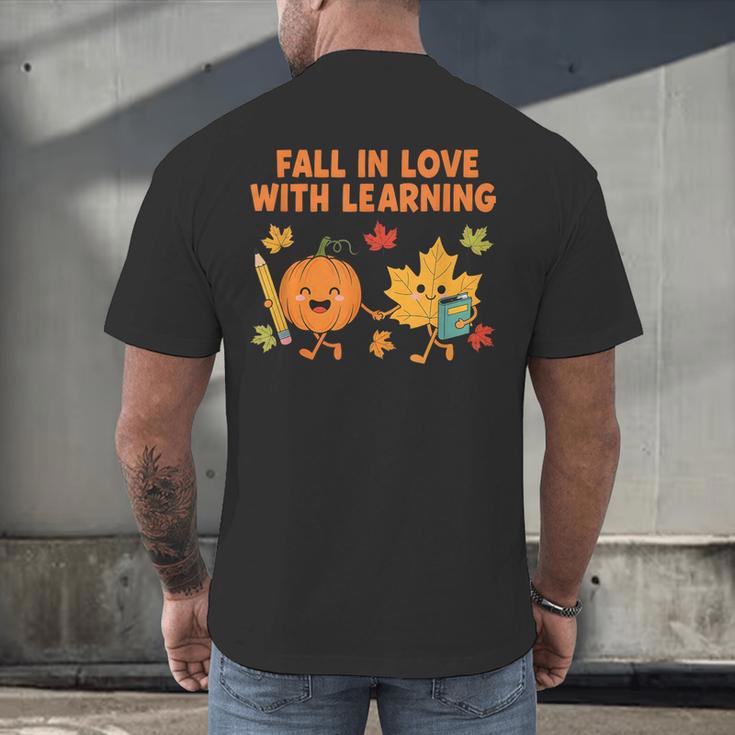Retro Fall In Love With Learning Autumn Pumpkin Teacher Men's Back Print T-Shirt, gift for family, gift for coworker