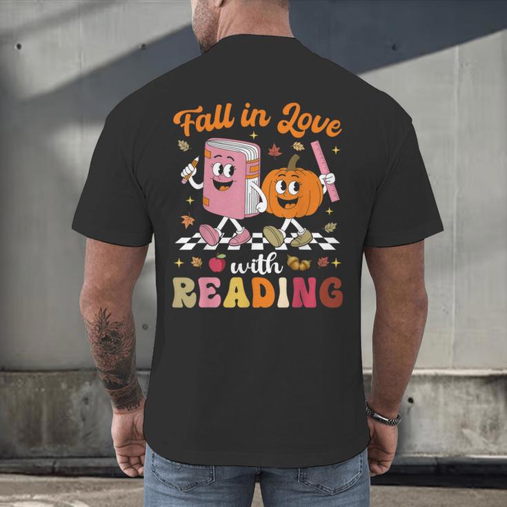 Retro Fall In Love With Learning Pumpkin Autumn Teacher Men's Back Print T-Shirt, gift for family, gift for coworker Retro Fall In Love With Learning Pumpkin Autumn Teacher Men's Back Print T-Shirt, gift for family, gift for coworker