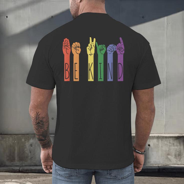 Retro Be Kind ASL Deaf Teacher Sign Language Gay Pride Men's Back Print T-Shirt, gift for family, gift for coworker Retro Be Kind ASL Deaf Teacher Sign Language Gay Pride Men's Back Print T-Shirt, gift for family, gift for coworker