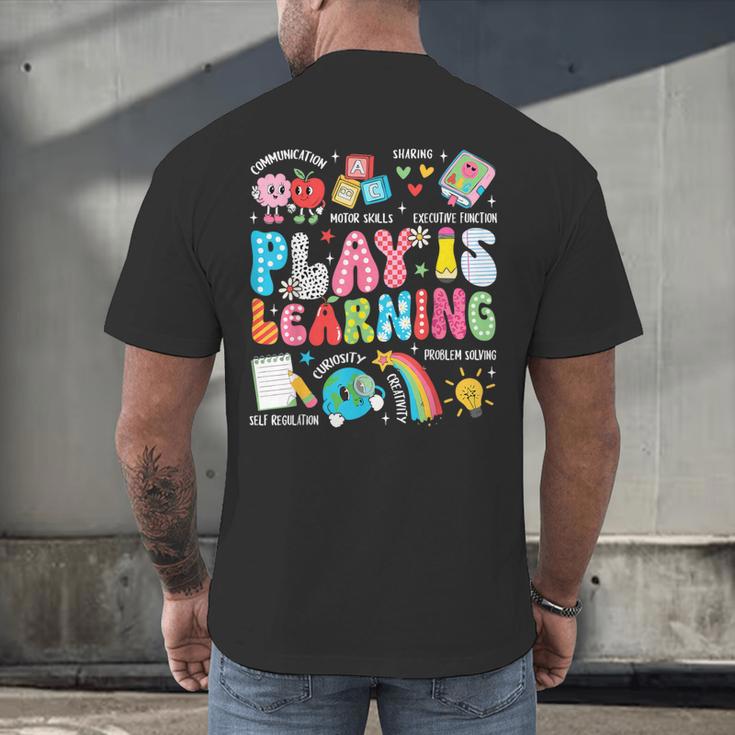Retro Play Is Learning Kindergarten Teacher Team Women Men's Back Print T-Shirt, gift for family, gift for coworker Retro Play Is Learning Kindergarten Teacher Team Women Men's Back Print T-Shirt, gift for family, gift for coworker