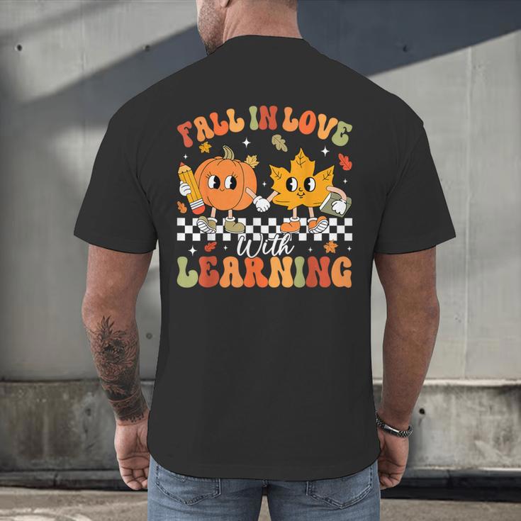 Retro Pumpkin Fall In Love With Learning Autumn Teacher Men's Back Print T-Shirt, gift for family, gift for coworker