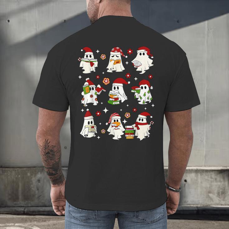 Santa Ghost Reading Books Christmas Library Teacher Men's Back Print T-Shirt, gift for family, gift for coworker