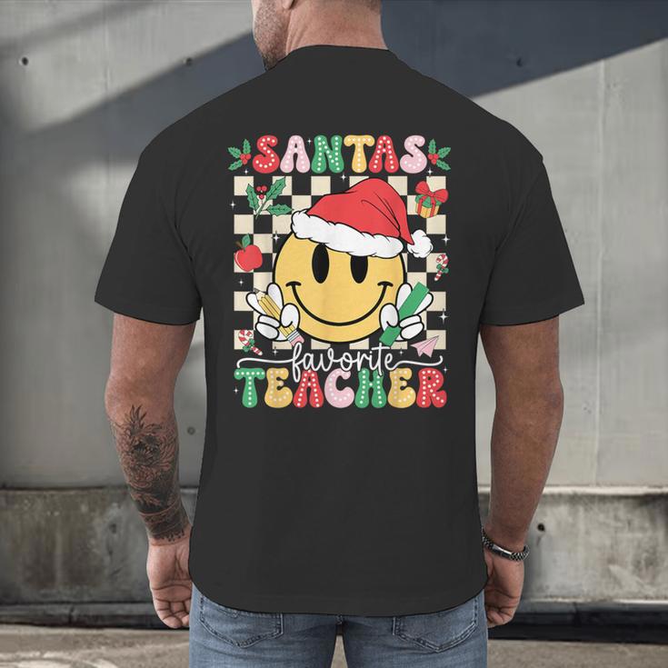 Santas Favorite Teacher Retro Groovy Smile Face Christmas Men's Back Print T-Shirt, gift for family, gift for coworker