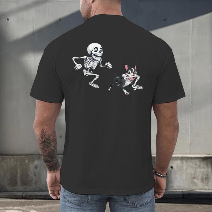 Skeleton Chasing Dog Boston Terrier Halloween Pet Lover Men's Back Print T-Shirt, gift for family, gift for coworker