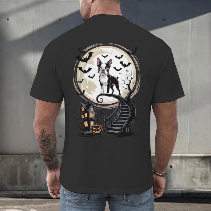 Spooky Halloween Moon Boston Terrier Boston Bull Bostie Men's Back Print T-Shirt, gift for family, gift for coworker