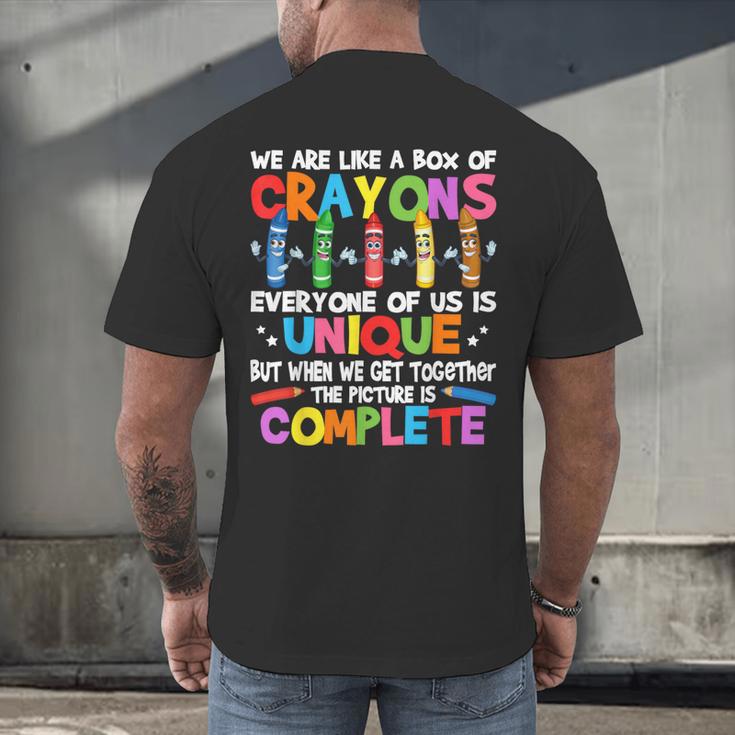 Teacher We Are Like a Box Of Crayons For Men Women Kids Men's Back Print T-Shirt, gift for family, gift for coworker Teacher We Are Like a Box Of Crayons For Men Women Kids Men's Back Print T-Shirt, gift for family, gift for coworker