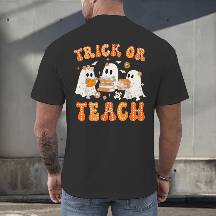 Teacher Halloween Trick Or Teach Retro Groovy Floral Ghost Men's Back Print T-Shirt, gift for family, gift for coworker Teacher Halloween Trick Or Teach Retro Groovy Floral Ghost Men's Back Print T-Shirt, gift for family, gift for coworker
