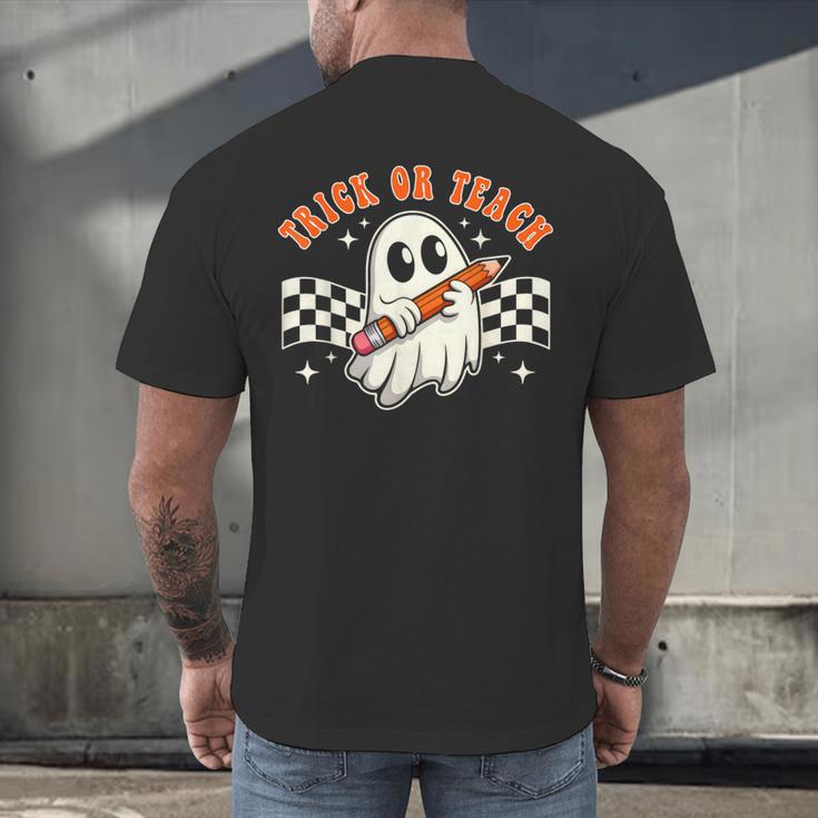 Trick Or Teach Groovy Retro Ghost Halloween Teacher Kids Men's Back Print T-Shirt, gift for family, gift for coworker