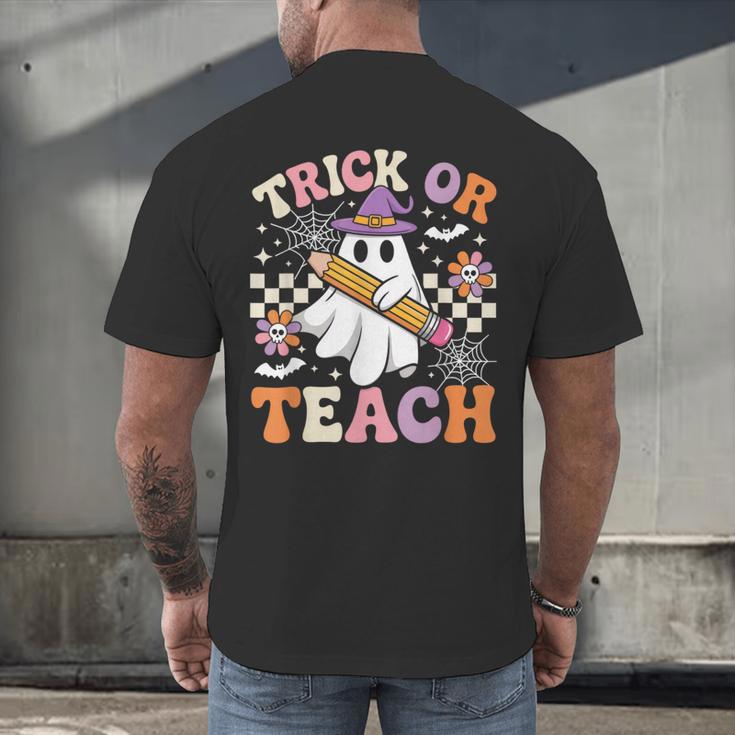 Trick Or Teach Groovy Teacher Halloween Retro Ghost Men's Back Print T-Shirt, gift for family, gift for coworker
