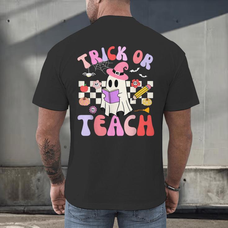 Trick Or Teach Halloween Teacher Floral Ghost Groovy Men's Back Print T-Shirt, gift for family, gift for coworker Trick Or Teach Halloween Teacher Floral Ghost Groovy Men's Back Print T-Shirt, gift for family, gift for coworker
