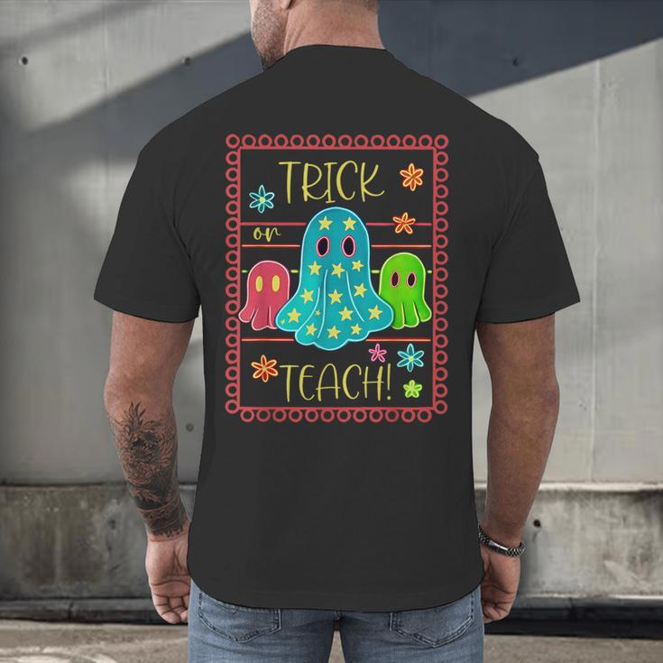 Trick Or Teach Neon Ghost Flower Teacher Spooky Halloween Men's Back Print T-Shirt, gift for family, gift for coworker