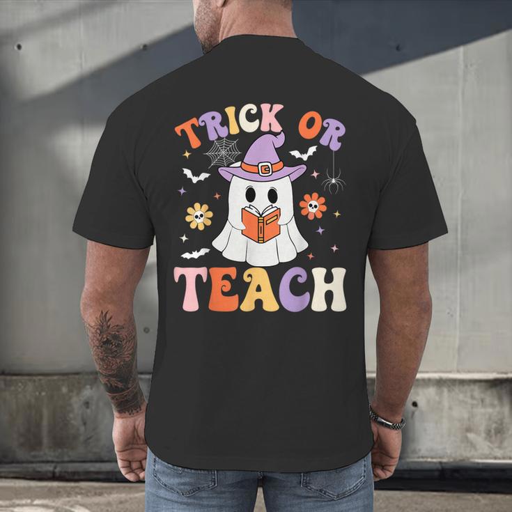 Trick Or Teach Teacher Groovy Ghost Halloween Teacher Men's Back Print T-Shirt, gift for family, gift for coworker