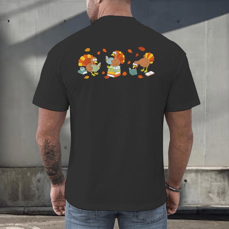 Turkey Reading Books Fall Thanksgiving Teacher Book Lovers Men's Back Print T-Shirt, gift for family, gift for coworker