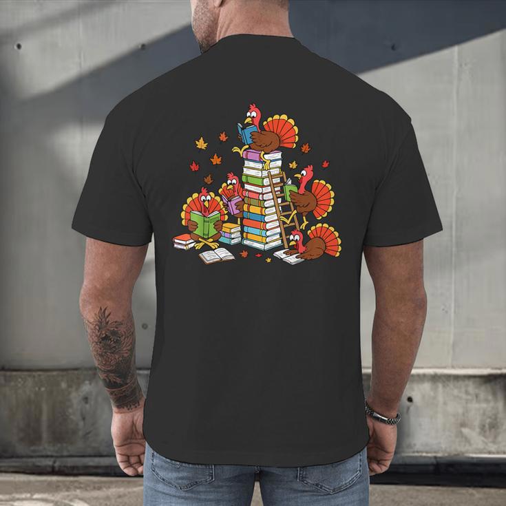 Turkey Reading Books Fall Thanksgiving Teacher Librarian Men's Back Print T-Shirt, gift for family, gift for coworker