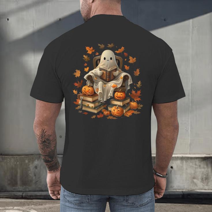 Vintage Ghost Book Reading Pumpkin Gothic Halloween Teachers Men Women Kids Men's Back Print T-Shirt, gift for family, gift for coworker