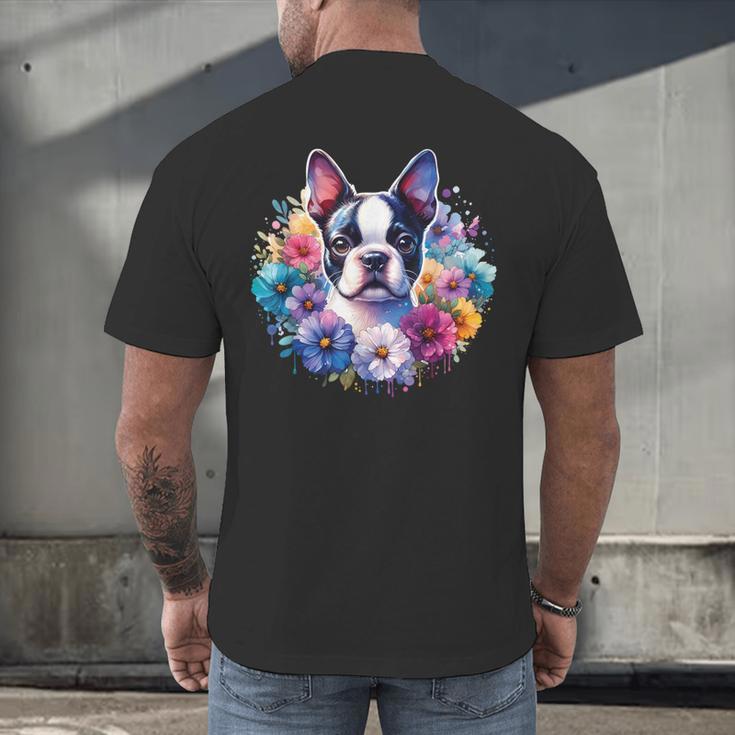 Watercolor Floral Boston Terrier Mama Dog Lover Mother's Day Men's Back Print T-Shirt, gift for family, gift for coworker