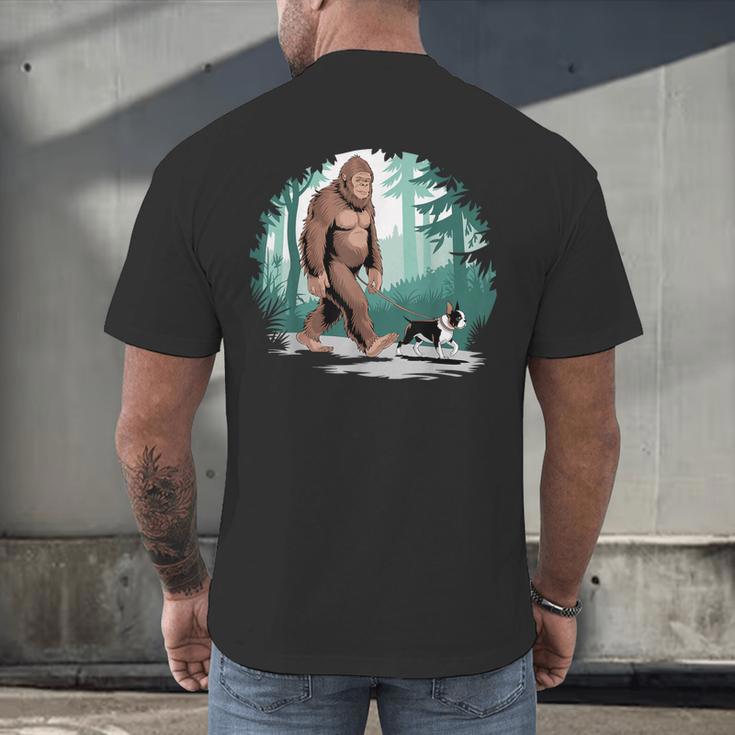 Whimsical Forest Adventures Sasquatch Bigfoot Walking Boston Terrier Dog Lovers Men's Back Print T-Shirt, gift for family, gift for coworker