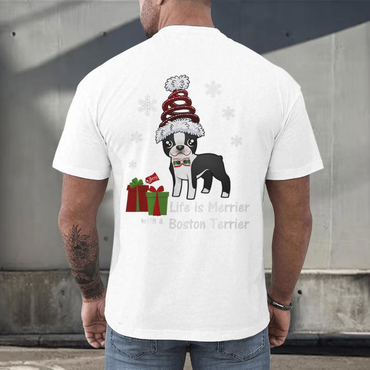 Boston Terrier Christmas T Shirt-Life Is Merrier Premium Tri-Blend Men's Back Print T-Shirt, gift for family, gift for coworker
