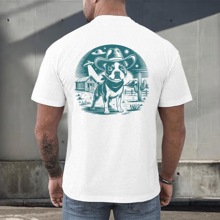 Boston Terrier Cowboy UFO Shirt Vintage Western Dog Mom Tee Men's Back Print T-Shirt, gift for family, gift for coworker