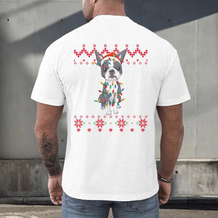 Boston Terrier Dog Santa Hat Men Kids Ugly Christmas Light Men's Back Print T-Shirt, gift for family, gift for coworker