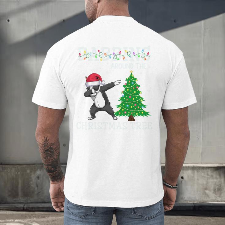 Boston Terrier Santa Hat Dabbing Around The Christmas Tree Men's Back Print T-Shirt, gift for family, gift for coworker