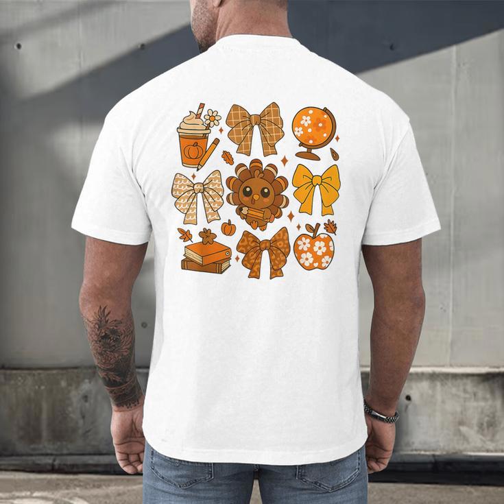 Coquette Teach Teacher Bows Thanksgiving Turkey Fall Autumn Men's Back Print T-Shirt, gift for family, gift for coworker