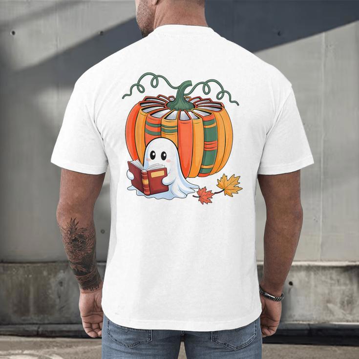 Fall Book Pumpkin Books Ghost Reading Halloween Teacher Men's Back Print T-Shirt, gift for family, gift for coworker