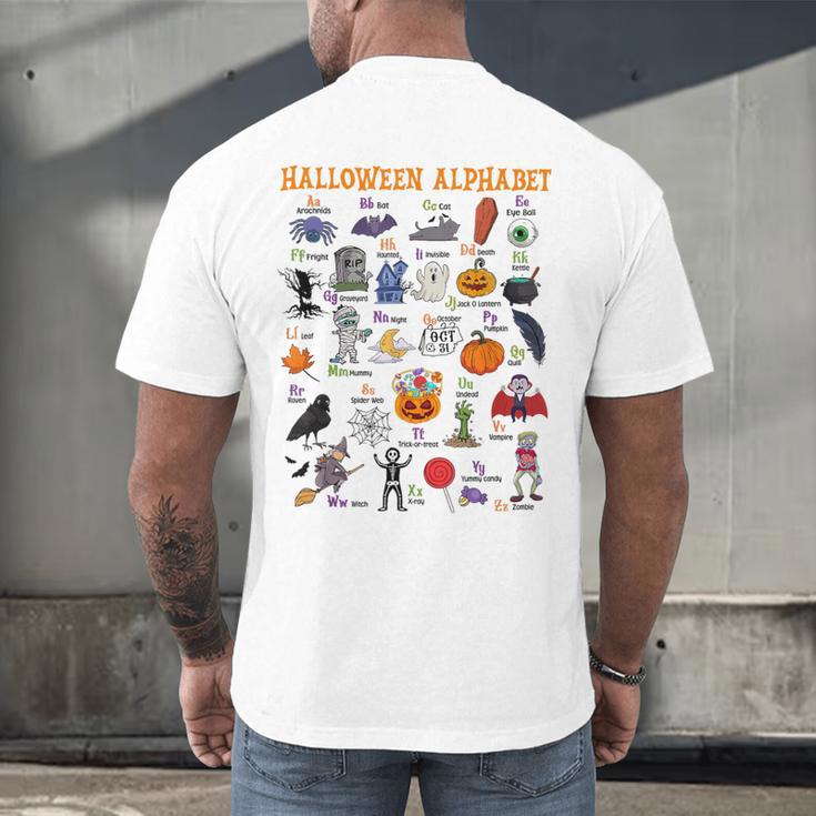 Halloween Alphabet ABCs Learning Kindergarten Teacher Men's Back Print T-Shirt, gift for family, gift for coworker Halloween Alphabet ABCs Learning Kindergarten Teacher Men's Back Print T-Shirt, gift for family, gift for coworker