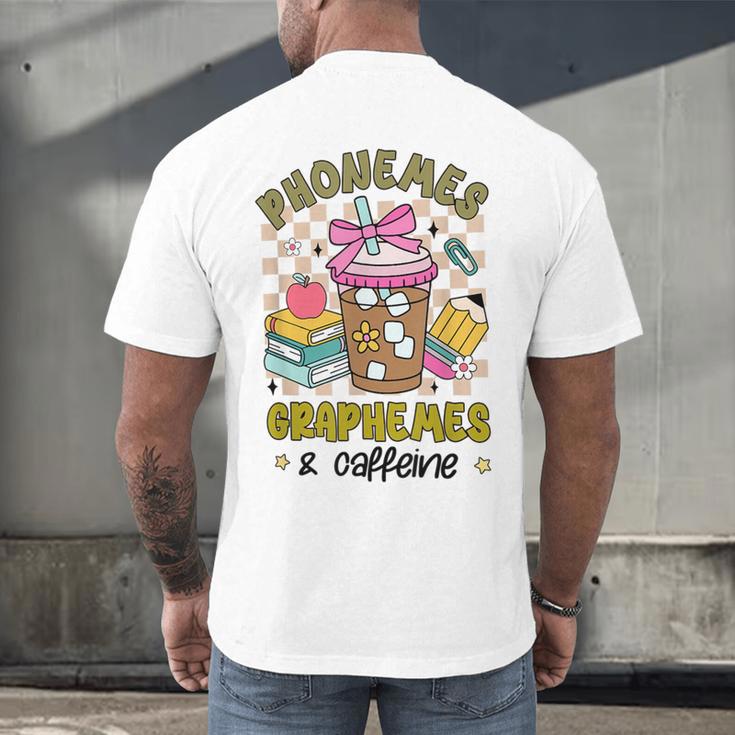 Phonemes Graphemes Caffeine Back To School Reading Teacher Men's Back Print T-Shirt, gift for family, gift for coworker
