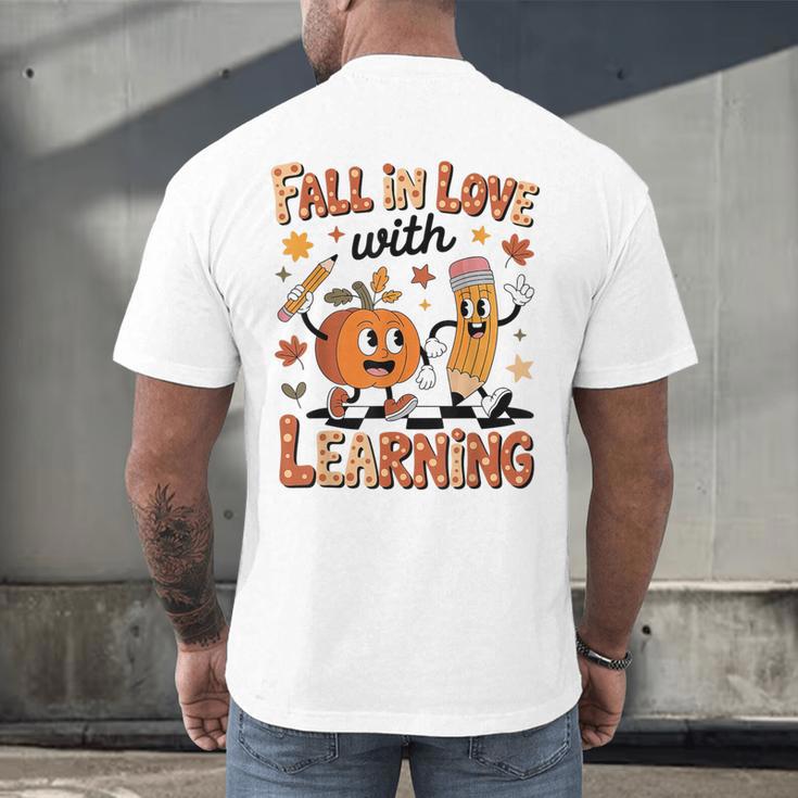 Retro Fall In Love With Learning Autumn Pumpkin Teacher Kids Men's Back Print T-Shirt, gift for family, gift for coworker