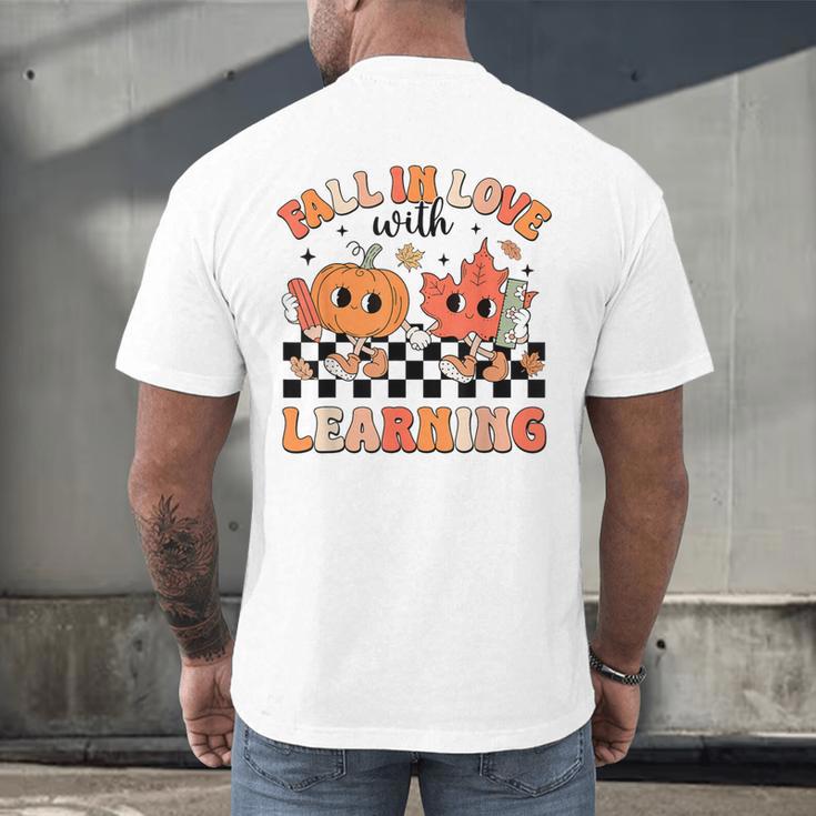 Retro Fall In Love With Learning Autumn Pumpkin Teacher Men's Back Print T-Shirt, gift for family, gift for coworker
