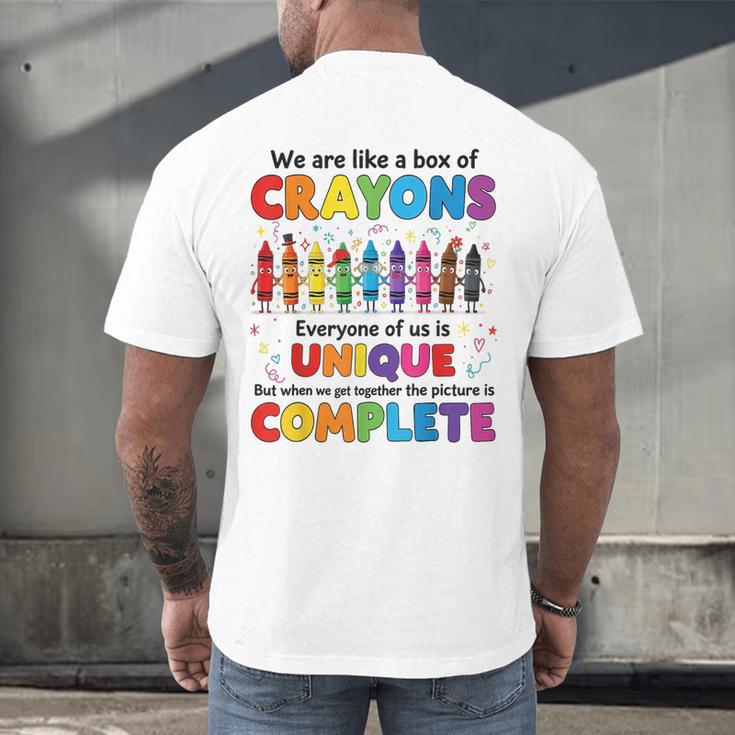 Teacher We Are Like a Box Of Crayons Back To School Men's Back Print T-Shirt, gift for family, gift for coworker