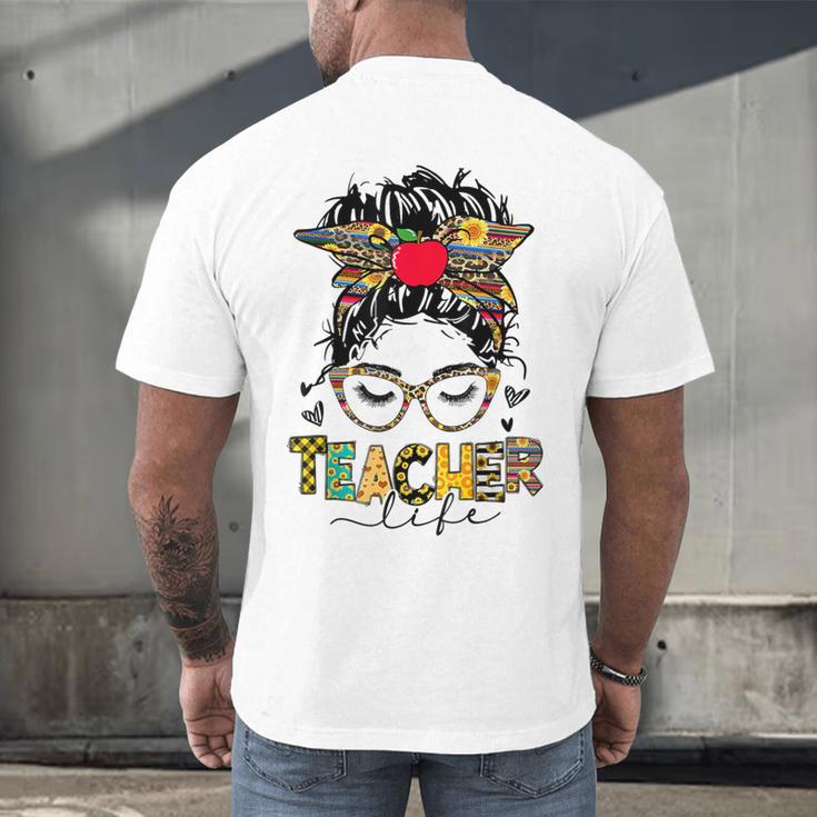 Teacher Life Messy Bun Glasses Leopard Sunflower Men's Back Print T-Shirt, gift for family, gift for coworker