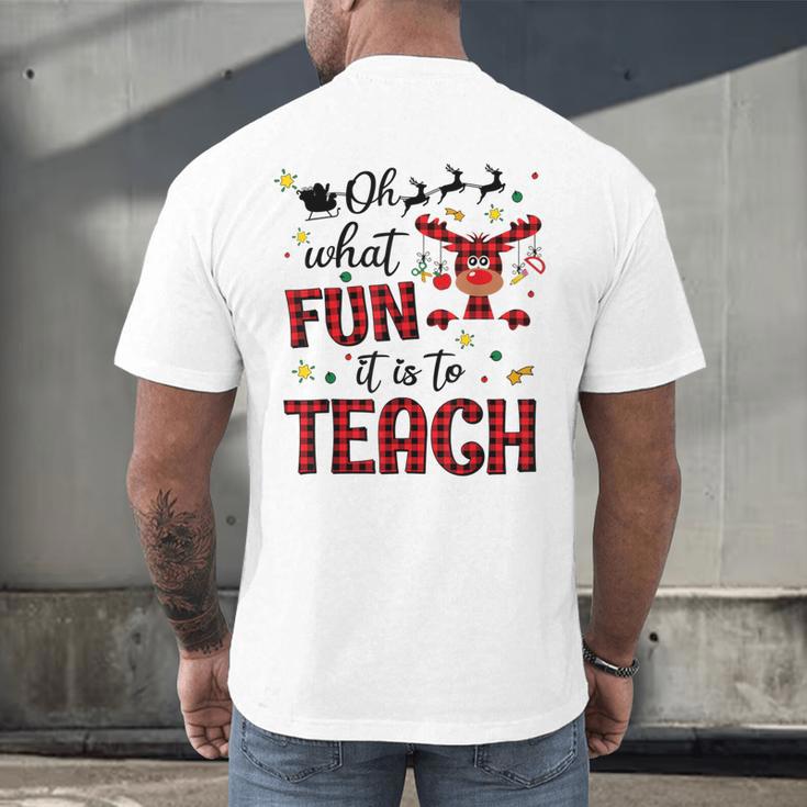 Teachers Oh What Fun It Is To Teach Cute Red Plaid Reindeer Men's Back Print T-Shirt, gift for family, gift for coworker