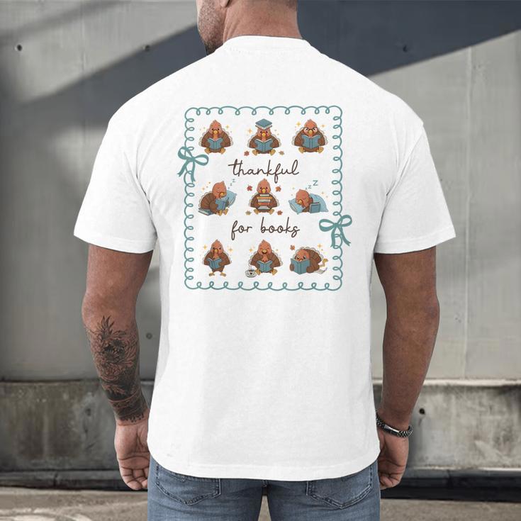 Thankful For Books Turkey Reading Book Lovers Fall Teacher Men's Back Print T-Shirt, gift for family, gift for coworker