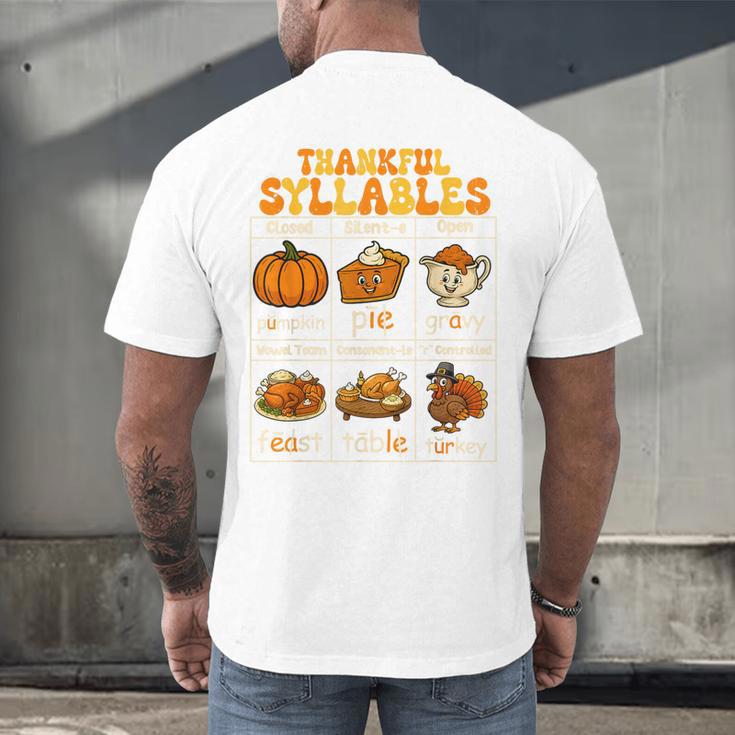 Thankful Syllables Teacher Thanksgiving Educational Kids Men's Back Print T-Shirt, gift for family, gift for coworker