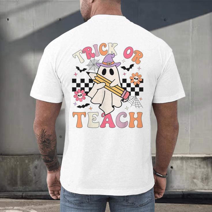 Trick Or Teach Groovy Teacher Halloween Retro Floral Ghost Men's Back Print T-Shirt, gift for family, gift for coworker