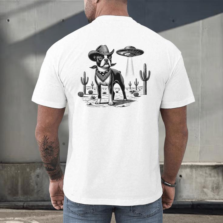 Vintage Boston Terrier UFO Western Wild West Dog Mom Dad Men's Back Print T-Shirt, gift for family, gift for coworker