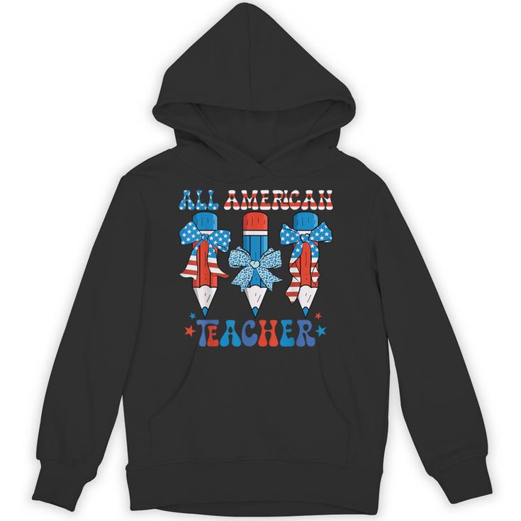 All American Teacher Pencil Coquette Bow USA Flag Teachers Unisex Hoodie