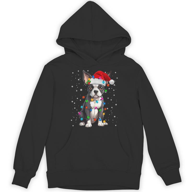 Boston Terrier Christmas Santa Hat Tree Lights Pajama Unisex Hoodie