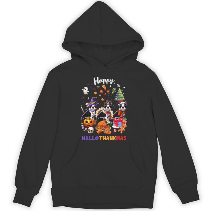 Boston Terrier Dog Christmas Happy Hallothankmas Halloween For Men Women Kids Unisex Hoodie