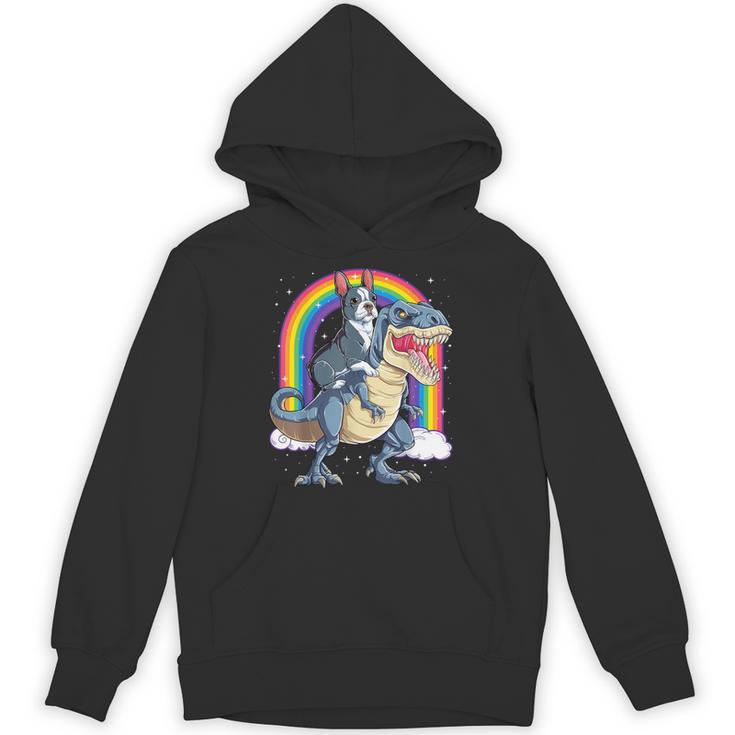 Boston Terrier Riding Dinosaur T-Rex Boys Kids Rainbow Unisex Hoodie