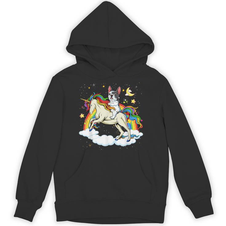 Boston Terrier Riding Unicorn Boys Girls Kids Rainbow Unisex Hoodie
