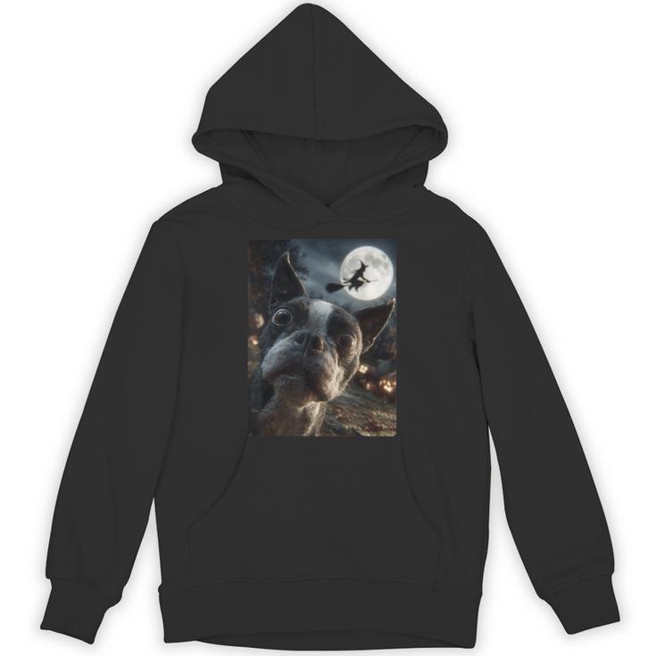 Boston Terrier Selfie Full Moon Flying Witch Halloween Dog Unisex Hoodie