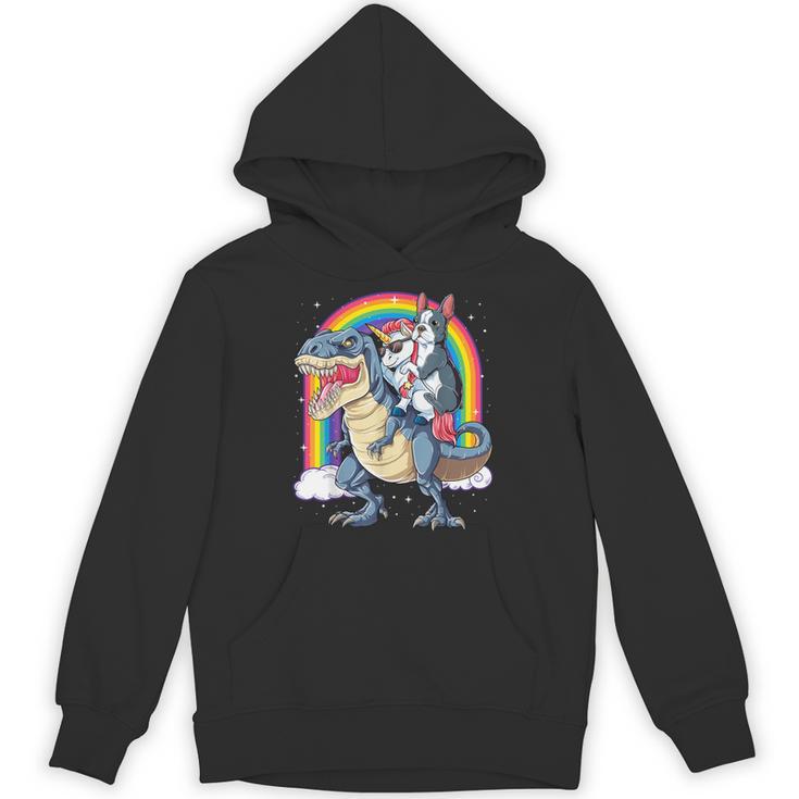 Boston Terrier Unicorn Riding Dinosaur T-Rex Girls Rainbow Unisex Hoodie